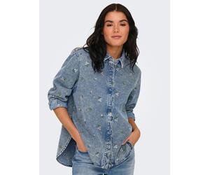 Jeansbluse ONLY "ONLVERA L/S FLOWER EMB SHIRT DNM YOR", Damen, Gr. S, blau (light blau denim detail:flower emb), Denim/Jeans, Obermaterial: 100% Baumwolle, bestickt, loose fit hüftbedeckend, Blusen Je