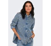 Jeansbluse ONLY "ONLVERA L/S FLOWER EMB SHIRT DNM YOR", Damen, Gr. XL, blau (light blau denim detail:flower emb), Denim/Jeans, Obermaterial: 100% Baumwolle, bestickt, loose fit hüftbedeckend, Blusen J