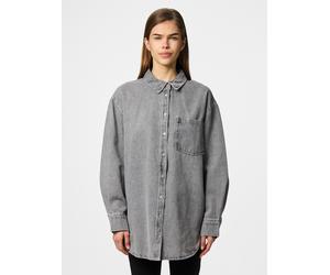 Jeansbluse PIECES "PCMAISIE LS DENIM SHIRT NOOS BC", Damen, Gr. M, grau (grau denim), Denim/Jeans, Obermaterial: 100% Baumwolle, unifarben, oversize hüftbedeckend, Blusen Jeansbluse (48564525-M) grau