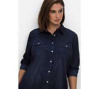 Jeansbluse SHEEGO, Damen, Gr. 46, blau (dunkelblau denim), 100% Baumwolle, unifarben, V-Ausschnitt, Blusen Jeansbluse (82379109-46) dunkelblau denim