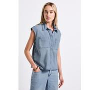 Street One Jeansbluse Ultra Bleached Random Washed Damen Gr. 42 V-Ausschnitt ärmellos abgesteppt