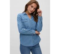 Jeansbluse VERO MODA "VMBUMPY LS LOOSE POCKET DNM SHIRT NOOS", Damen, Gr. L, blau (medium blau denim), Denim/Jeans, Obermaterial: 100% Baumwolle, unifarben, hüftbedeckend, V-Ausschnitt, Blusen Jeansbl