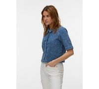 Jeansbluse VERO MODA "VMDIONNE 2/4 EMB DENIM SHIRT RA375", Damen, Gr. S, medium blau denim aop:heart, Denim/Jeans, Obermaterial: 99% Baumwolle, 1% Elasthan, bestickt, regular fit taillenbedeckt, Bluse