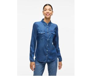 Jeansbluse VILA "VIBISTA", Damen, Gr. XL, blau (dunkelblau denim), Web, Obermaterial: 70% Lyocell, 30% Baumwolle, schmal hüftbedeckend, 1-Knopf-Manschette mit Druckknopf, Blusen Jeansbluse, in leichte