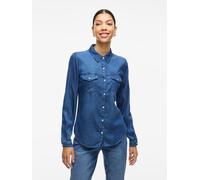 Jeansbluse VILA "VIBISTA", Damen, Gr. XS, blau (dunkelblau denim), Web, Obermaterial: 70% Lyocell, 30% Baumwolle, schmal hüftbedeckend, 1-Knopf-Manschette mit Druckknopf, Blusen Jeansbluse, in leichte
