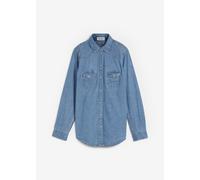 Jeanshemd BONPRIX, Damen, Gr. 36, N-Gr, blau (hellblau), Denim/Jeans, Obermaterial: 100% Baumwolle, Abriebeffekte, unifarben, bequem Po-bedeckend, ohne Ausschnitt, 1-Knopf-Manschette, Hemden Jeanshemd