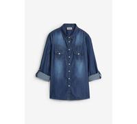 Jeansbluse BONPRIX, Damen, Gr. 48, blau, Denim/Jeans, Obermaterial: 100% Baumwolle, Abriebeffekte, unifarben, schmal normal, 1-Knopf-Manschette krempelbar, Blusen Jeansbluse, schmale Passform, aus rei