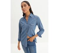 Jeanshemd BONPRIX, Damen, Gr. 48, N-Gr, blau (hellblau), Denim/Jeans, Obermaterial: 100% Baumwolle, Abriebeffekte, unifarben, bequem Po-bedeckend, ohne Ausschnitt, 1-Knopf-Manschette, Hemden Jeanshemd