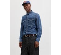 Jeanshemd JACK & JONES "JJEWESTERN JJSHIRT AT 187 NOOS", Herren, Gr. S, N-Gr, blau denim pack:mid blau, Denim/Jeans, Obermaterial: 100% Baumwolle, unifarben, slim fit normal, Hemden Jeanshemd, mit Bru
