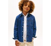 Jeanshemd TOMMY HILFIGER "RELAXED DENIM SHIRT", Jungen, Gr. 16 (176), N-Gr, denim schwarz, Web, Obermaterial: 99% Baumwolle, 1% Elasthan, unifarben, regular fit normal, Rundhals, eingesetzt 1-Knopf-Ma