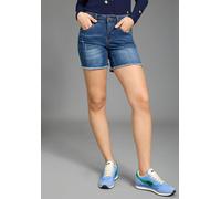 Jeanshotpants KANGAROOS, Damen, Gr. 46, N-Gr, blau (dunkelblau u), Denim/Jeans, Obermaterial: 76% Baumwolle, 16% Polyester, 7% Viskose, 1% Elasthan, Destroyed-Effekte, bequem kurz, Jeans, kurze Schnit