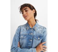 Jeansjacke BONPRIX, Damen, Gr. 50, blau denim, Denim/Jeans, Obermaterial: 98% Baumwolle, 2% Elasthan, Abriebeffekte, unifarben, klassisch hüftlang, 1-Knopf-Manschette, Jacken Jeansjacke, in klassische