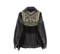 BROLEO Jeansjacke Damen – Boho mit Quasten, Blumenstickerei und Wildlederfransen, Stretch