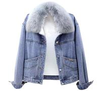 Jeansjacke Damen Damen Jeansjacke Mit Kapuze Damen Winter Jeansjacke Warme Herren und Frauen Winterjacke Mit Fellkapuze Retro Jeansjacke Fleecejacke Mit Warm Gefüttert Denim Jacket Wintermantel