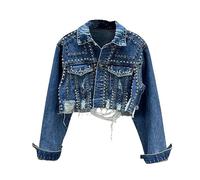 Jeansjacke Damen,Damen Jeansjacke Mit Schweren Nieten Vintage Stil Ausgefranste Nagelperlen Kurze Jeans Oberteile Maßgeschneiderter Stretch Jeansmantel Mit Trucker Knopf Strickjacke Abgeschnittene J