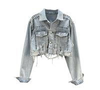 Jeansjacke Damen,Damen Jeansjacke Mit Schweren Nieten Vintage Stil Ausgefranste Nagelperlen Kurze Jeans Oberteile Maßgeschneiderter Stretch Jeansmantel Mit Trucker Knopf Strickjacke Abgeschnittene J