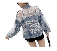 Jeansjacke Damen,Damen Jeansjacke Mit Spitzen Und Blumenstickerei Ausgefranste Rohe Jeans Oberteile Maßgeschneiderter Stretch Trucker Lässige Oberbekleidung Abgeschnittener Jeansmantel Mit Knöpfen