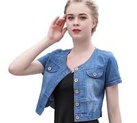 Jeansjacke Damen, Damen Kurzarm-Jeansjacke Sommer-Strickjacke Mit Knopfleiste Bauchfreier Schal Stretch-Denim-Mantel Vintage-Waschung Verblasste Jean-Shrug-Jacke Oberteile Für Kleid Dunkelblau L