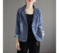 Jeansjacke, Damen-Denim-Blazer-Jacke Vintage-Blau Waschung Verblasstes Revers Langarm Knopfleiste Jean-Mantel Mode Locker Kurz Distressed-Denim-Mantel Lässige Outwear-Oberteile XL