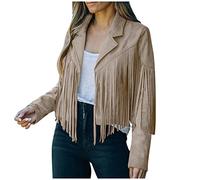 Jeansjacke Damen Kurz Jacke Denim 60er 70er Wildleder Vorne Offen Cardigan Lange Ärmel Umlegekragen Oversize Mit Quaste Outwear Disco Outfit Fransenweste Karneval Cowboy Faschingskostüme Xxxl M S