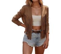 Jeansjacke Damen Kurz Jacke Denim 60er 70er Wildleder Vorne Offen Cardigan Lange Ärmel Umlegekragen Oversize Mit Quaste Outwear Disco Outfit Fransenweste Karneval Cowboy Faschingskostüme Xxxl M S