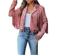 Jeansjacke Damen Kurz Jacke Denim 60er 70er Wildleder Vorne Offen Cardigan Lange Ärmel Umlegekragen Oversize Mit Quaste Outwear Disco Outfit Fransenweste Karneval Cowboy Faschingskostüme Xxxl M S