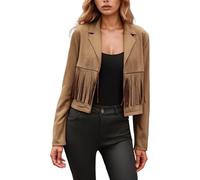 Jeansjacke Damen Kurz Jacke Denim 60er 70er Wildleder Vorne Offen Cardigan Lange Ärmel Umlegekragen Oversize Mit Quaste Outwear Disco Outfit Fransenweste Karneval Cowboy Faschingskostüme Xxxl M S
