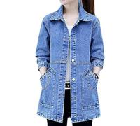 Jeansjacke Damen Lang Oversize, Trenchcoat Damen Lang Winter Revers Jeans Mantel Parka Jacke Mit Tasten Elegant Denim Winter Jeansmantel Baumwolle Übergangsjacke Slim Fit Winterjacke Übergangsmantel