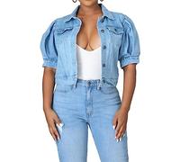 Jeansjacke, Damen-Puff-Jeansjacke Mit Kurzen Ärmeln Modisches Revers Knopfleiste Verkürzter Denim-Mantel Vintage-Jeansjacke In Distressed-Waschung Verblasste Sommerjacke Tops Für Damen Und Mädch