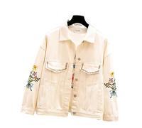 Jeansjacke Damen Stickerei Übermantel Jeans Jacke Lose Mantel Beige Oberbekleidung Damen