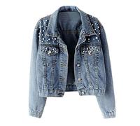 Jeansjacke Damen Übergangsjacke Leichte Jacke Denim Casual mit Perle, Damen Lose Jeansjacke Herbst Girljean Jacken Perle Casual Cowboy Top Winter Outwear Casual Mädchen Jeans Mantel Kurz (Blue, M)