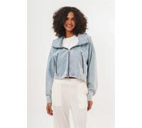 Jeansjacke FRESHLIONS "Juliana", Damen, Gr. L, blau (hellblau), 100% Baumwolle, unifarben, normal, hoch geschlossener Ausschnitt, Jacken Jeansjacke, im kuscheligen Design mit Kapuze (76075966-L) hellb