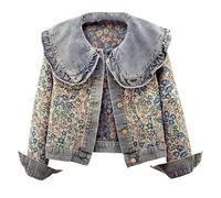 Jeansjacke Für Damen - Einreihige, Verkürzte Jeansjacke Im Ethno-Stil Mit Gewelltem Revers Und Blumenmuster Aus Jacquard, Retro-Jeansjacke Mit All-Match-Knöpfen Und Manschetten, Lange Ärmel, V