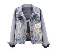 Jeansjacke Für Damen - Frühling Herbst Mode Stickerei Jeansjacke Einfarbig Große Größe Einreihig Mit Tasche Mantel Streetwear,Blau,M