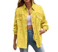 Jeansjacke für Damen, geknöpft, mittellang, Mantel aus Denim, Trucker-Stil, Oversize, Saum, Vintage, Jeansjacke, Zwischensaison, Langarm, Revers, Jacke, Y2K Mode, gelb, 46