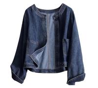 Jeansjacke Für Damen - Jeansjacke Im Koreanischen Stil Mit Rundhalsausschnitt Frühling Und Herbst Schlichte Einfarbige Jacke Mit Tasche Große Lockere Mantelkleidung Blau Xl