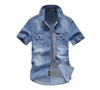 Jeansjacke für Herren, kurzes Jeanshemd, lockere Knopfleiste, Freizeithemden, leichtes Sommer-Cowboy-Hemd mit Vordertasche, modisch, kurzärmelig, lässiges Oberteil, hellblau, XXL