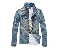 Jeansjacke Herren Denim Mantel Freizeit Slim Fit Lange Ärmel Zerrissene Denim Übergangsjacke Hellblau 2XL