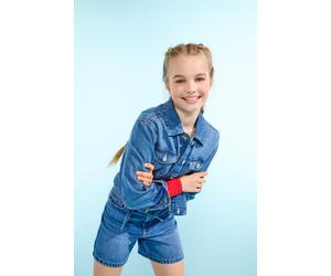 Jeansjacke KIDS ONLY "KOGLUMI LS JACKET DNM PIM NOOS", Mädchen, Gr. 128, blau (medium blau denim), Denim/Jeans, Obermaterial: 100% Baumwolle, unifarben, regular fit taillenlang, 1-Knopf-Manschette mit