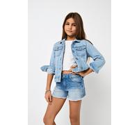 Jeansjacke KIDS ONLY "KONSARA", Mädchen, Gr. 128, blau (light blau denim), Denim/Jeans, Obermaterial: 79% Baumwolle, 20% Polyester, 1% Elasthan, unifarben, regular fit taillenbedeckt, Manschette, Jack