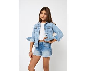 Jeansjacke KIDS ONLY "KONSARA", Mädchen, Gr. 152, blau (light blau denim), Denim/Jeans, Obermaterial: 79% Baumwolle, 20% Polyester, 1% Elasthan, unifarben, regular fit taillenbedeckt, Manschette, Jack