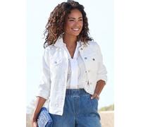 Jeansjacke LASCANA, Damen, Gr. 44, blau (weiß), Denim/Jeans, Obermaterial: 100% Baumwolle, unifarben, figurumspielend hüftlang, 1-Knopf-Manschette, Jacken Jeansjacke, mit zwei Pattentaschen, Denimjack