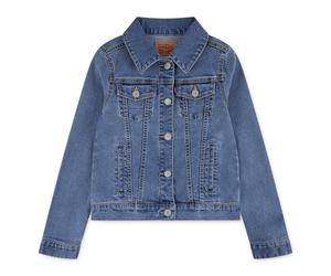 Jeansjacke LEVI'S KIDS "STRETCH TRUCKER JACKET", Mädchen, Gr. 12 (152), memory lane, Denim/Jeans, Obermaterial: 70% Baumwolle, 28% Polyester, 2% Elasthan, tailliert kurz, Rundhals, Manschette, Jacken 