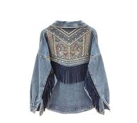 Jeansjacke Mädchen,Damen Jeansjacke Mit Boho Quasten Blumenstickerei Wildleder Fransen Jeans Oberteile Maßgeschneiderter Stretch Jeansmantel Mit Trucker Knopf Strickjacke Kurze Jeansjacke Für Mädche
