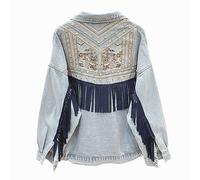 Jeansjacke Mädchen,Damen Jeansjacke Mit Boho Quasten Blumenstickerei Wildleder Fransen Jeans Oberteile Maßgeschneiderter Stretch Jeansmantel Mit Trucker Knopf Strickjacke Kurze Jeansjacke Für Mädche