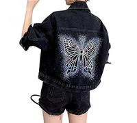 Jeansjacke Mädchen,Damen Jeansjacke Mit Strasssteinen Und Schmetterlingen Leuchtende Verwaschene Jeans Shacket Distressed Denim Trucker Lässiger Verkürzter Cardigan Mantel Western Outwear Für Mädche