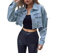 Jeansjacke Mädchen, Damen-Jeansjacke Modisches Revers Lange Ärmel Knopfleiste Crop-Jacke Boyfriend-Jeansmantel Vintage-Jeansmantel Im Used-Look Zerrissen Ausgefranst Frühling Übergang Lässige O