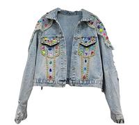 Jeansjacke Mädchen,Damen Modische Quasten Jeansjacke Strass Zerrissene Raw Jeans Oberteile Maßgeschneiderter Stretch Jeansmantel Mit Trucker Knopf Strickjacke Abgeschnittene Jeansjacke Für Mädchen H