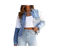 Jeansjacke Mädchen,Kurze Jeansjacke Für Damen Patchwork Roher Saum Jeans Oberteile Maßgeschneiderter Stretch Trucker Lässige Oberbekleidung Distressed Knopf Jeansmantel Strickjacke Jeansjacke Für Mä