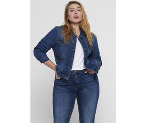 Jeansjacke ONLY CARMAKOMA "CARWESPA LS JACKET", Damen, Gr. 42, blau (medium blau denim), Denim/Jeans, Obermaterial: 79% Baumwolle, 20% Polyester, 1% Elasthan, used, figurbetont kurz, 1-Knopf-Manschett
